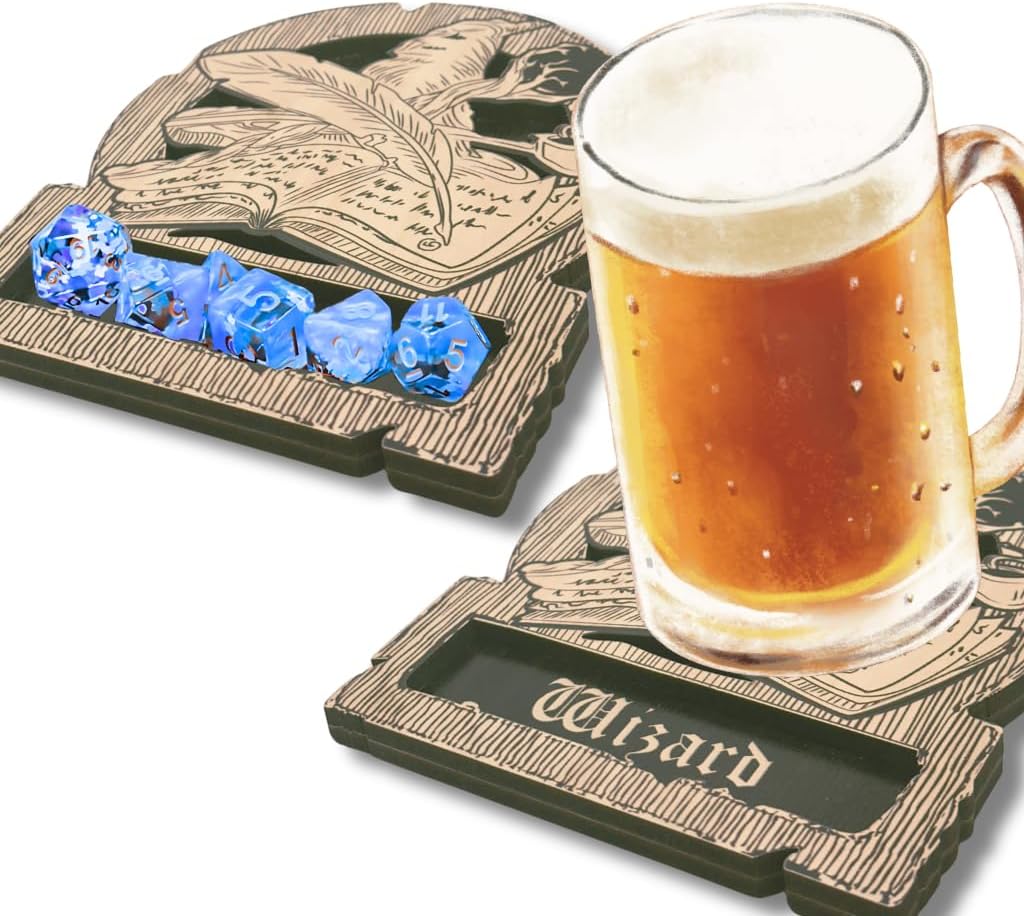 Dungeons and Dragons Dice Tray Coaster - DND Accessories - D&D Game Room Decor - Cute Wood Drink Coasters - Dungeons and Dragons Starter Set Gift - DND Miniatures Dice Tower - Set of 1 Wizard Class