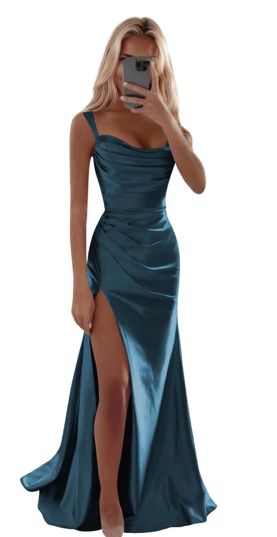 deamify Satin Prom Dress with Slit 2026 Ruched Square Neck Tight Formal Evening Gown for Teens DIN004