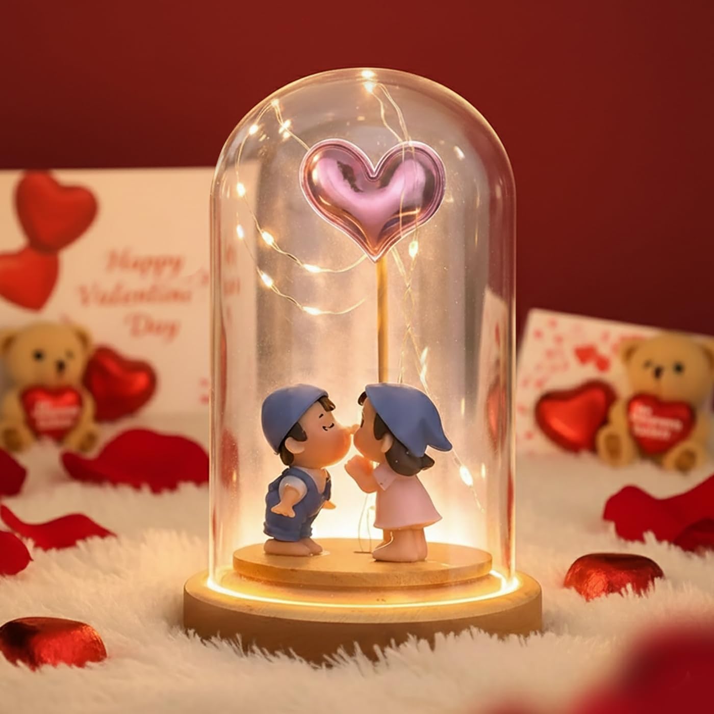 TIED RIBBONS Wood Glass Romantic Love Couple Dome with LED Light Lamp