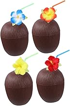Amosfun 1 Conjunto 4 Pçs Copo De Bebida De Coco Copos De Palha Para Adultos Copos De Verão Copos De Bebida De Plástico Tiki Bar Copos De Bebida Canudos Copo De Água Lindos Copos De