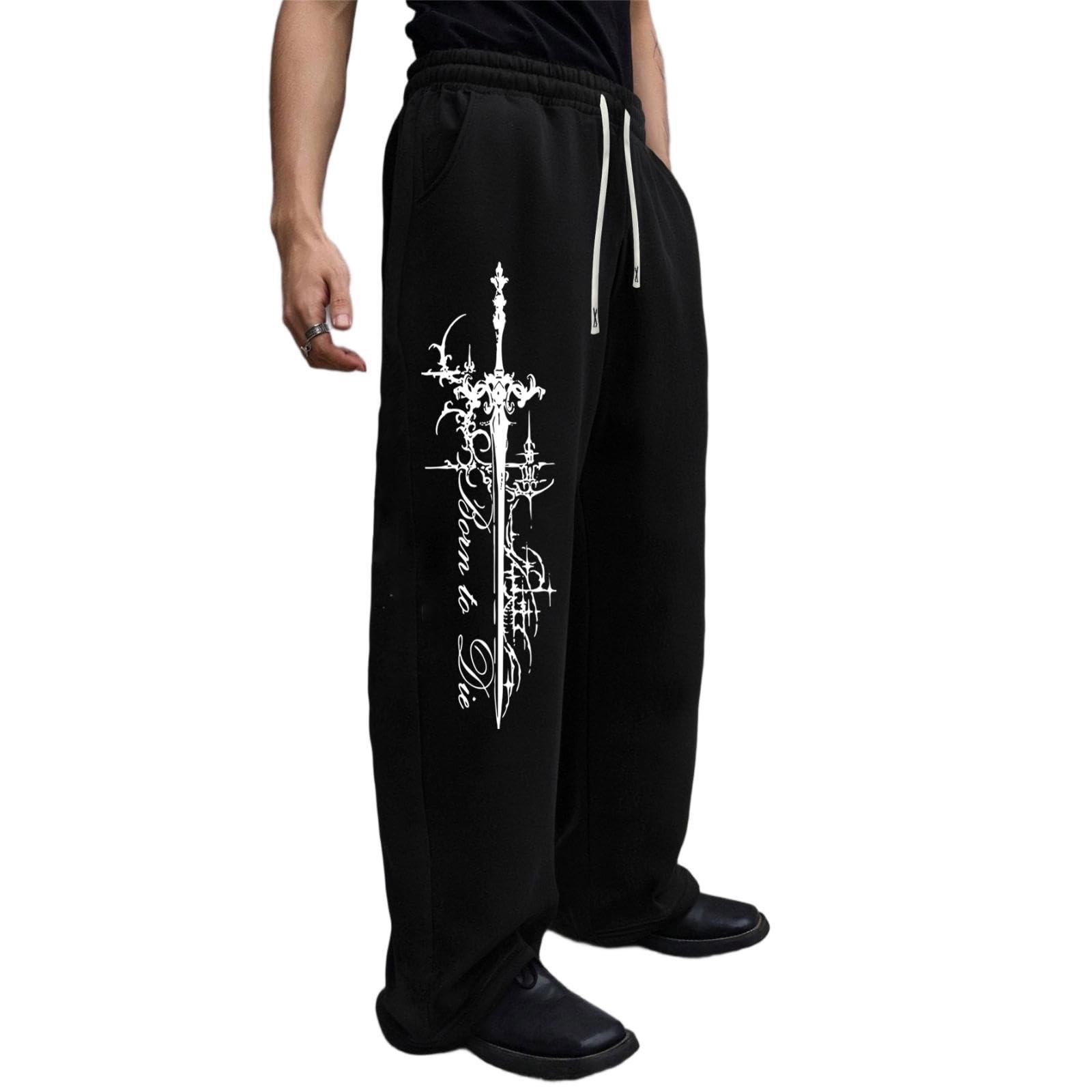 Xueneige Unisex B Lack Medieval Sword Print Goth Mens Wide Leg Joggers Y2k Clothes Gym Joggers Men Gym Trousers Aggy Tracksuit Ottoms Oversized Sweatpants | Dark Casual Pants