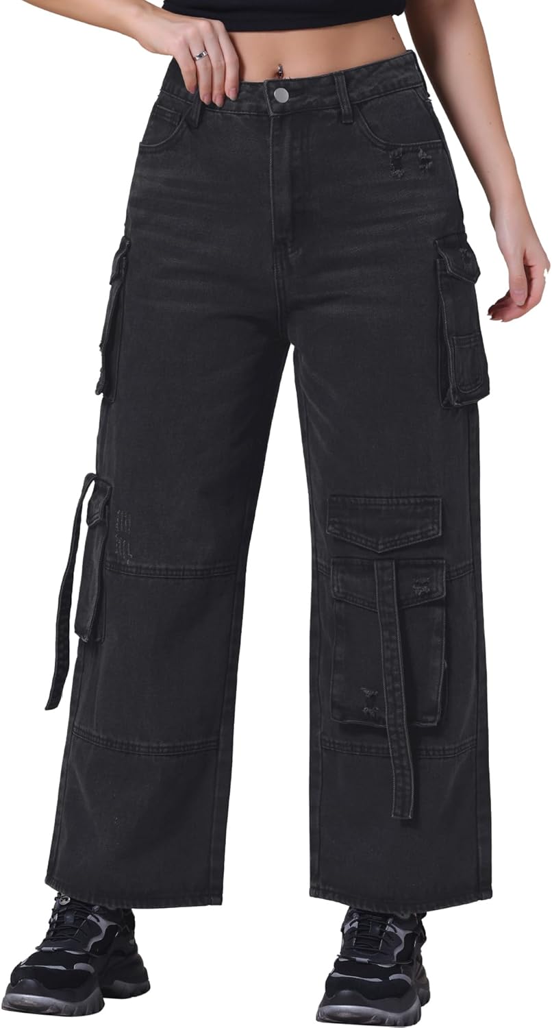 Women's Cargo Jeans Straight Wide Leg High Waist 8 Pockets Casual Baggy Denim Pants