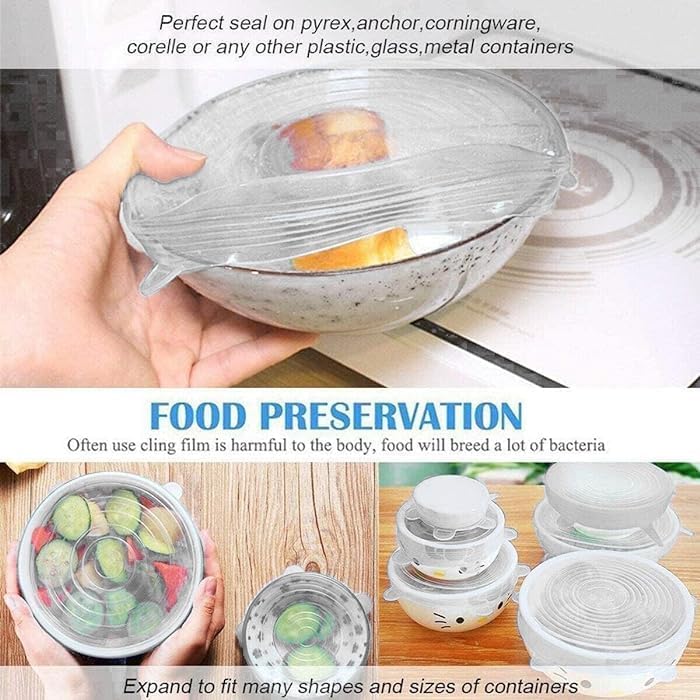 Brazilian (Free Size) Microwave Safe Silicone Stretch Lids Reusable Flexible Covers for Round, Square Bowls, Dishes, Plates, Jars and Mugs Food and Bowl Cover (Pack of 6) (White) 2