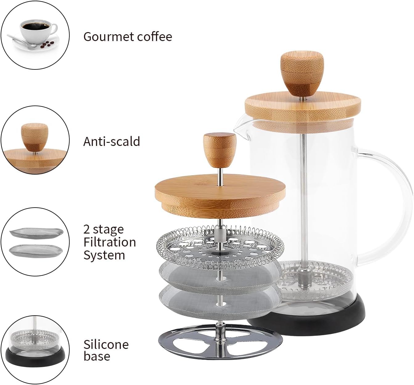 Topyond French Press Glass Coffee Maker, Heat-Resistant Glass, 20oz Bamboo Lid Coffee Press, Tea Press for Loose Tea with Brewer Filtering Function, for Home and Office (600ml