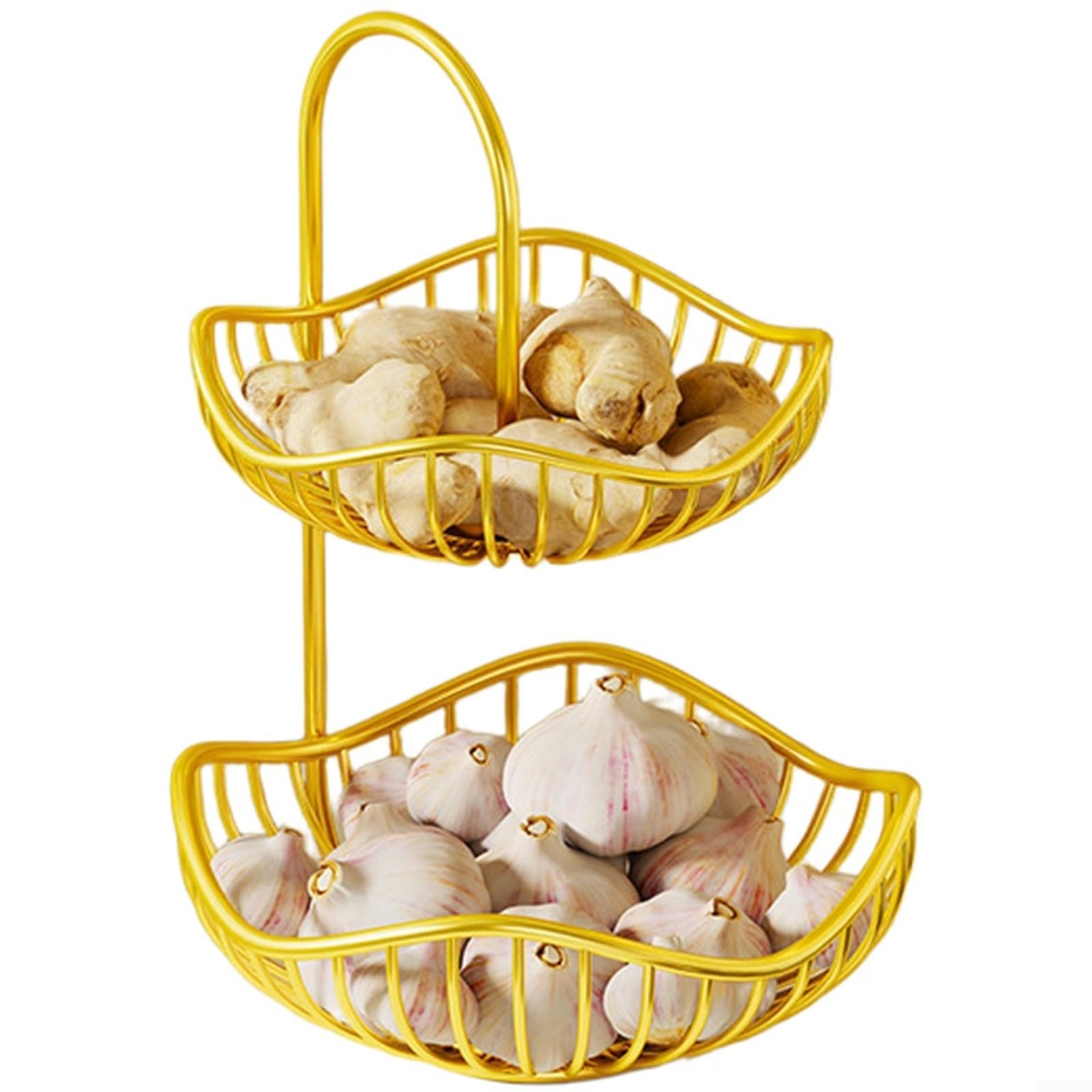 Cesta de frutas de doble capa para encimera: organizador de metal de 2 niveles