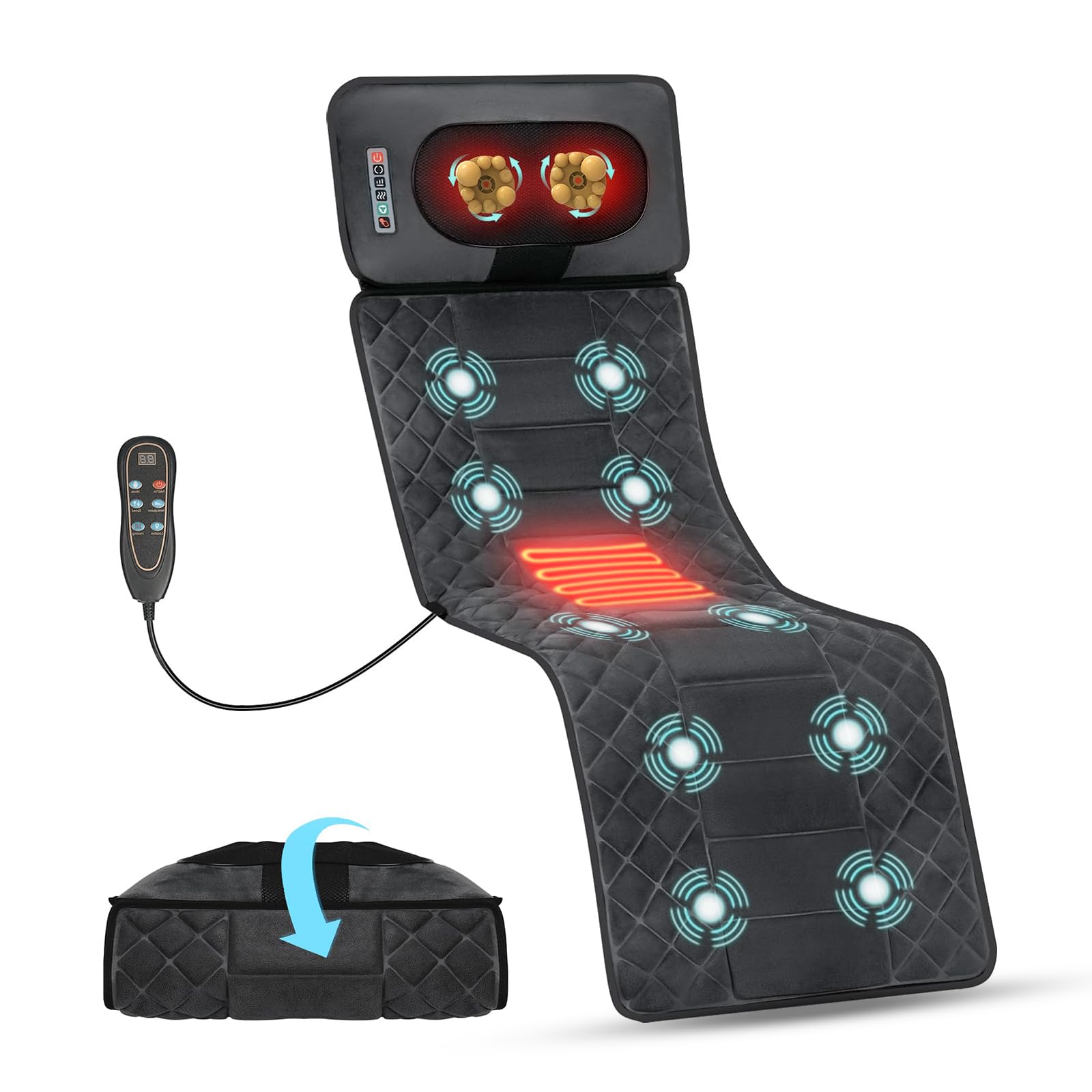Ganzkörper-Massagematte, 160x50 cm mit Wärme, 30 Massageköpfen, 4-in-1 Luftdruck, Knet, Vibrations und Wärmefunktion, Smart-Kopfstütze mit 6 Tasten, abnehmbar, Massagematte Elektrisch Ganzkörper