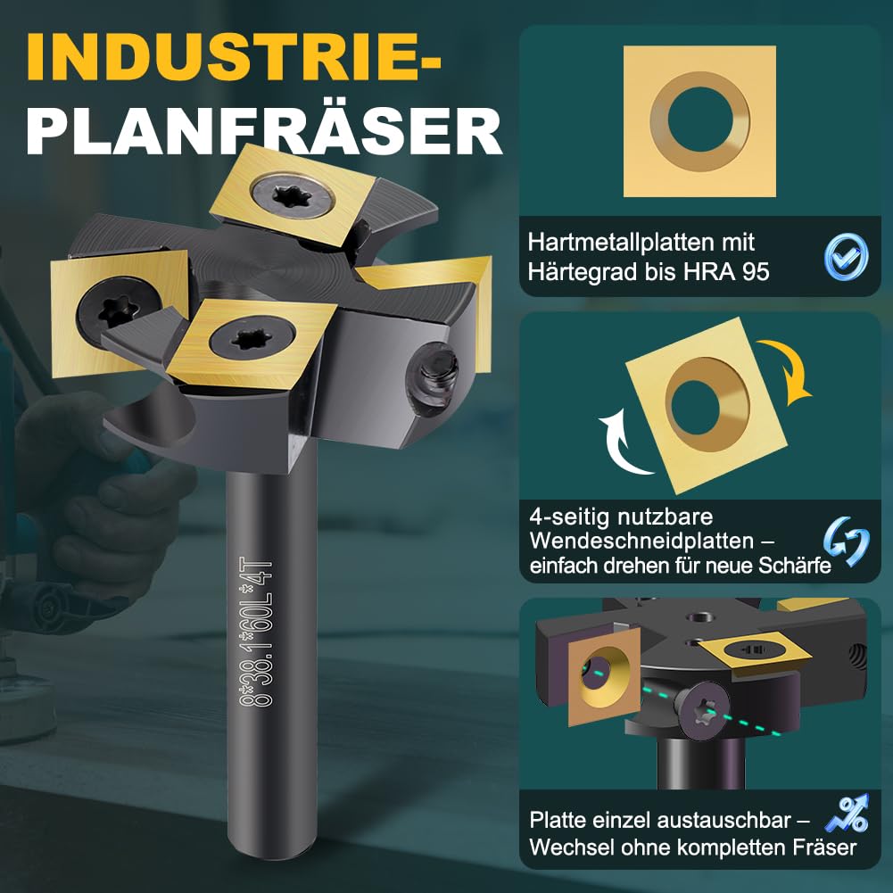 Planfräser 8mm Schaft Nutfräsen 38,1 mm Schnittdurchmesser Planfräser für Oberfräse CNC Holz Fräser mit 4 TiN-besch Hartmetallmessern 12 x 12 mm