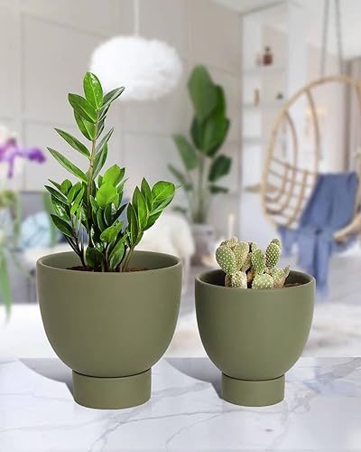 Miniatura 5 de vensovo Maceta de terracota verde con riego automático, 2 macetas de terracota de 6 y 8 pulgadas con orificio de drenaje y platillo, maceta de