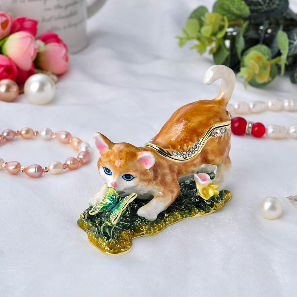 Cat Trinket Box with Golden Jewelry Enamel Design, Animal Home Décor & Gift for Cat Lovers