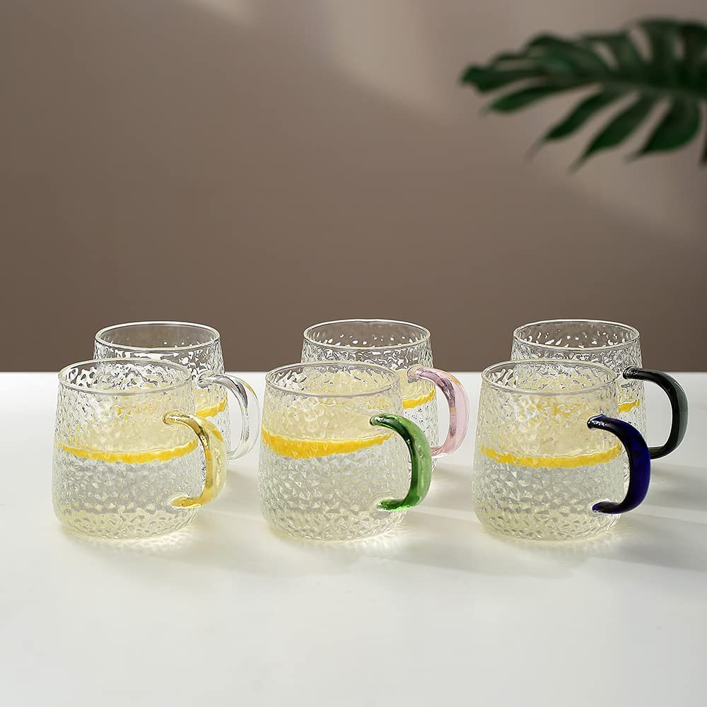 Orchid Neoflam Borosilicate Glass Mug Set Of 6, Clear Mugs 350ml with Different Color Handles, Coffee Mug Set of 6, Perfect For Latte Mugs, Teacups, Coffee Cup Espresso Cups, Cappuccino Cup Set