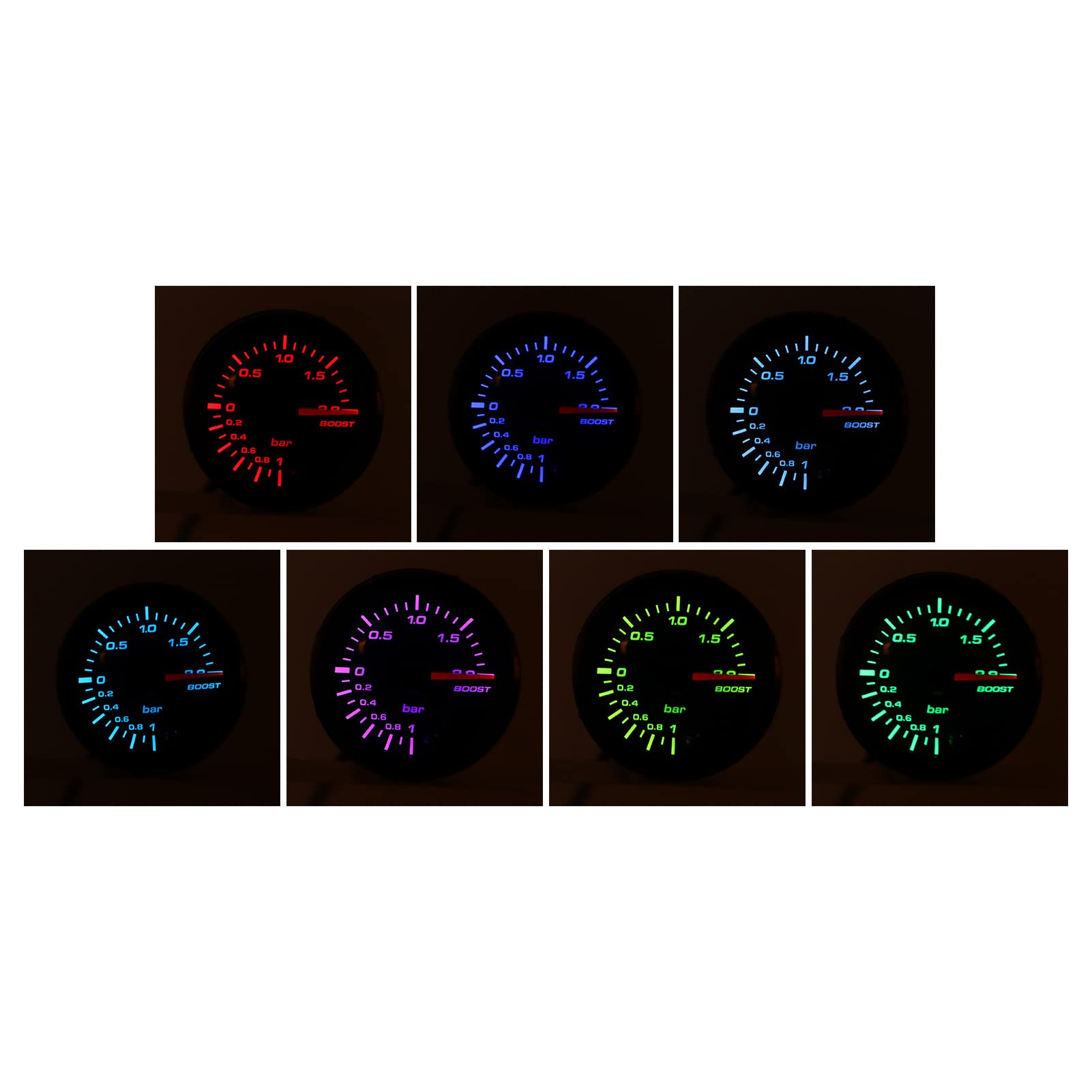 2 Zoll 52 mm Ladedruckanzeige mit Sensorzeiger, 7-farbige LED-Hintergrundbeleuchtung für benzinmodifizierte Fahrzeuge