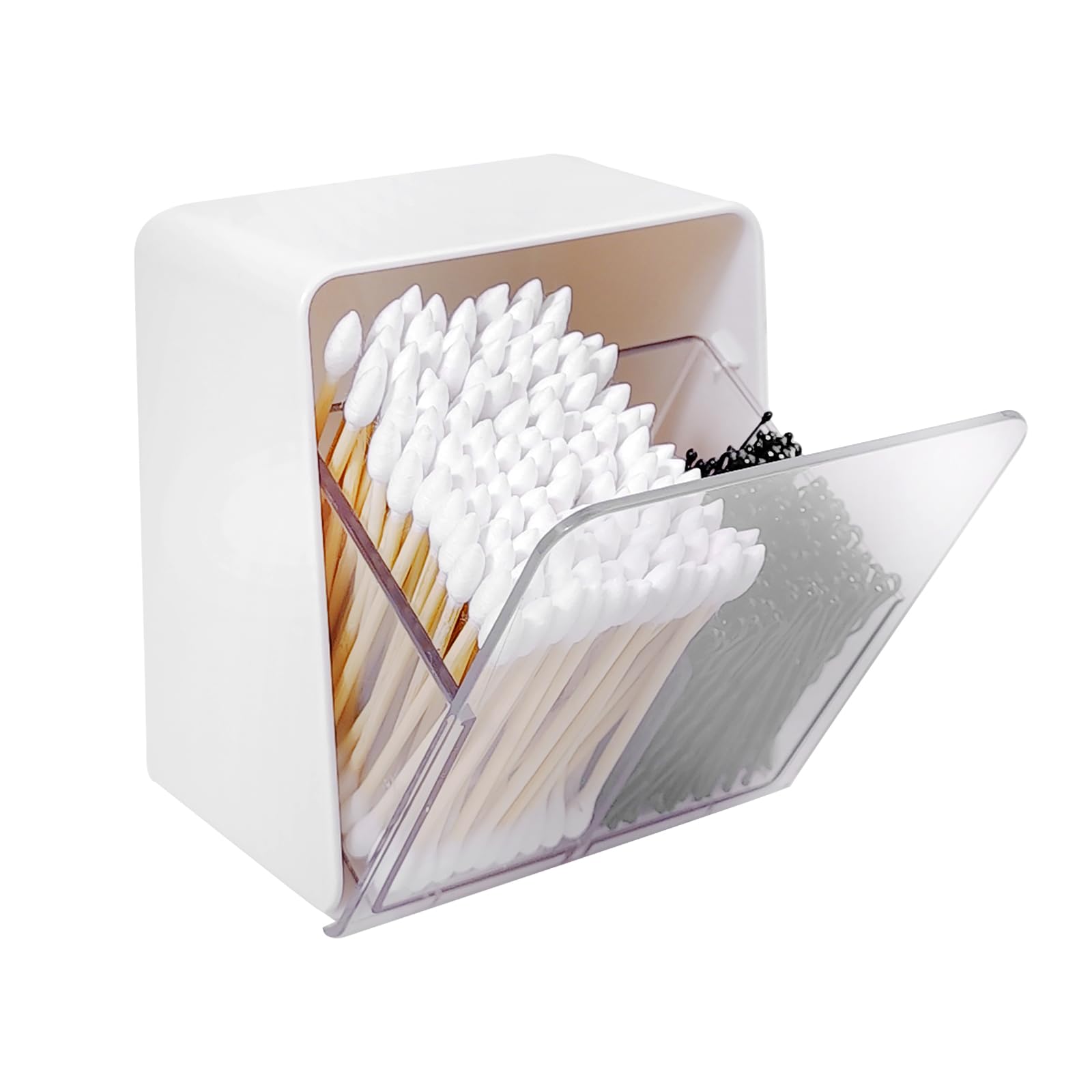 HFZRZFH Q-Tip Holder with 2 Compartments, Clear Canister, Removable Divider, for Q-Tips, Cotton Swabs, Balls, Rounds, Floss, Bathroom Countertop Organizer, White