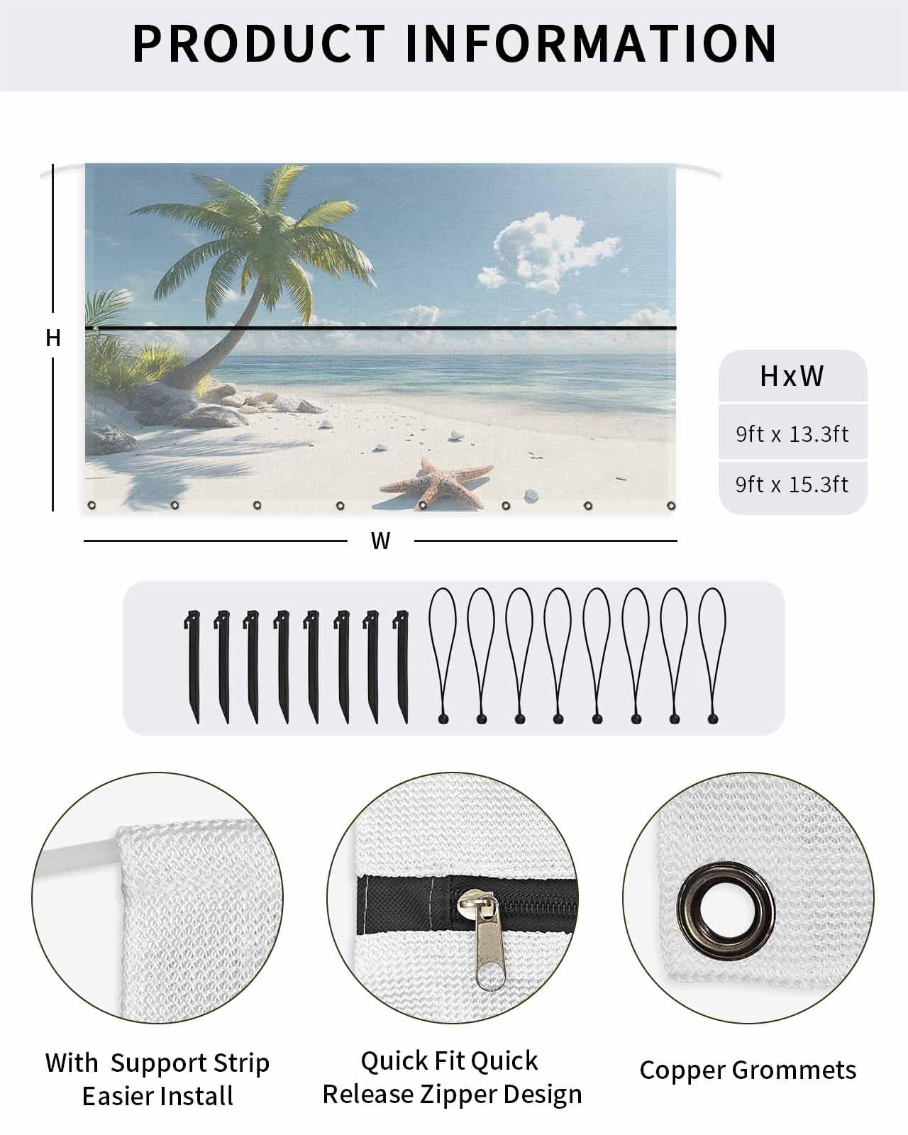 RV Awning Sun Shade Screen with Zipper 9'x13.5' Summer Beach Ocean Palm Tree Sky Starfish Shell Scenery Mesh Sunshade UV Blocker Awning Shade Complete Kits for Motorhome Camper Travel Trailer Canopy