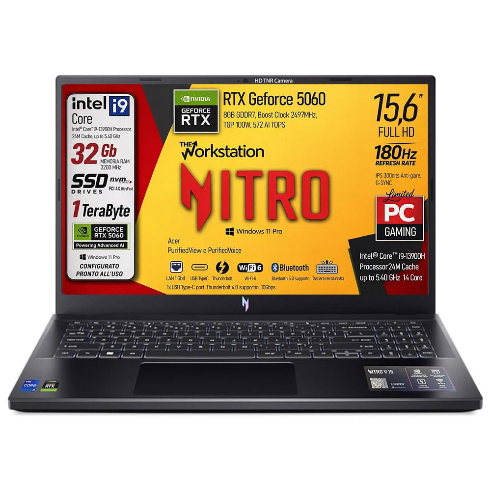 Acer Notebook Gaming Nitro, Intel Core i9-13900H, fino a 5,4GHz, NVIDIA GeForce RTX 5060 8Gb GDDR7, RAM 32Gb, SSD 1Tb, 15.6" FHD IPS 180Hz, Wi-Fi 6e, Thunderbolt 4.0, ready to use
