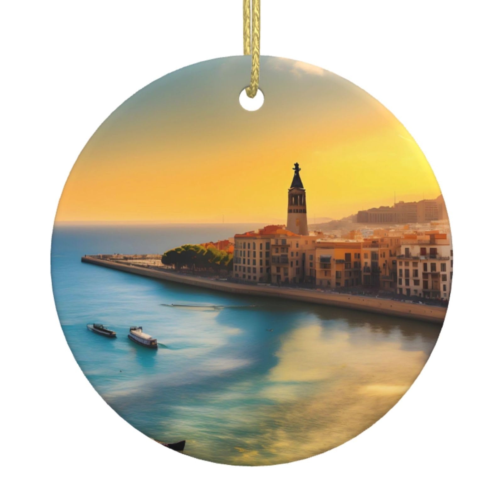 Sunset in Barcelona Christmas Round Ceramic Ornaments, 2.9-inch Christmas Tree Pendant, for Home Holiday Parties, banquets and Dinners