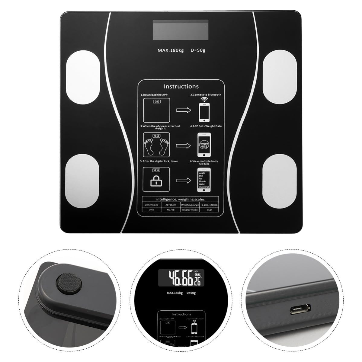 POPETPOP Báscula Digital de Peso Corporal Negra Recargable por USB Medición Inteligente y Material Abs y Vidrio para Uso Hogar
