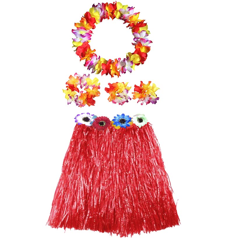 Disfraz Hawaiana Mujer Niñas Grande y Adolescentes, Set Falda Collar Diadema y Pulseras Hawaiana para Disfraz Flor Adulto Fiestas de Cumpleaños Carnaval Halloween (Falda/40cm, Rojo Multicolor)