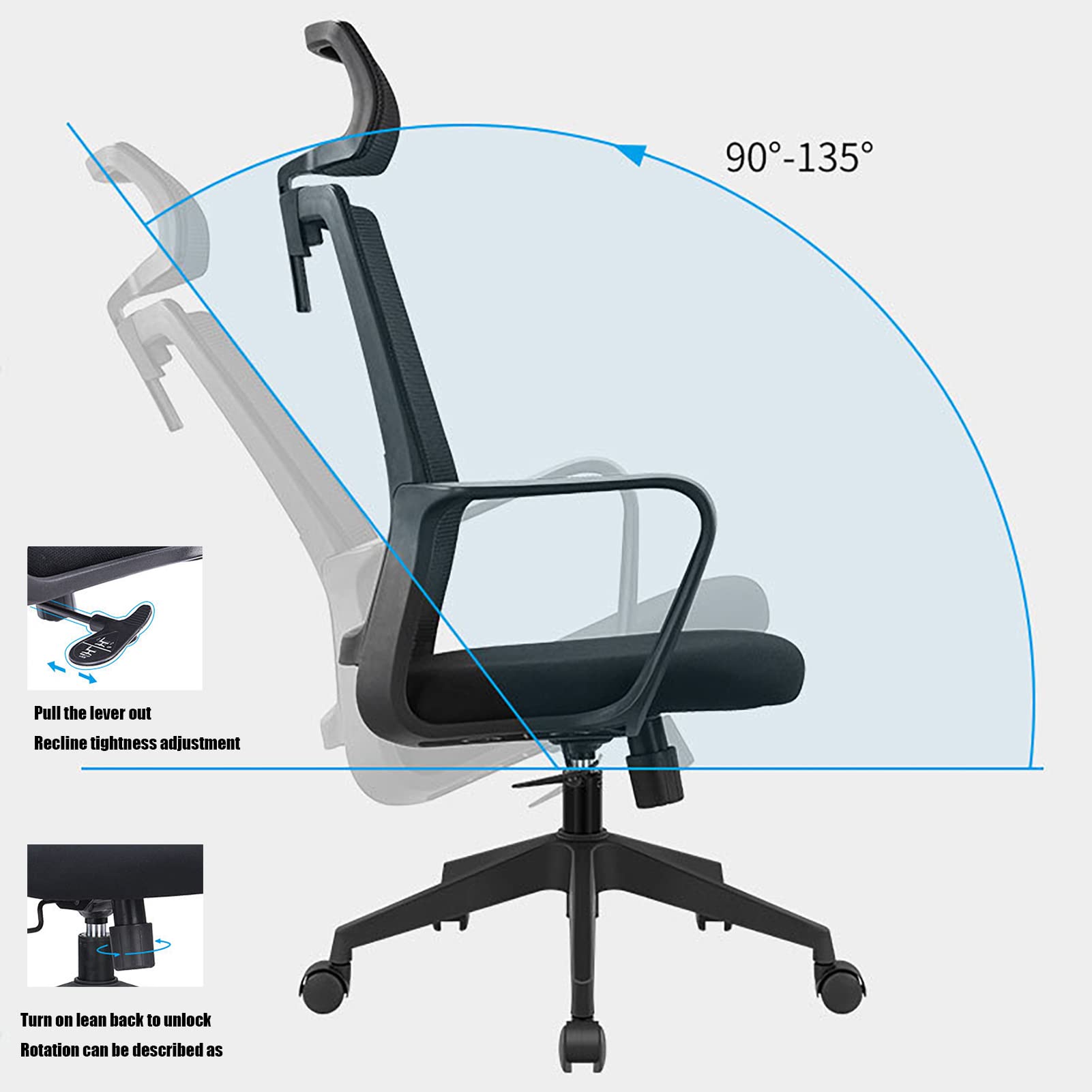 Krzesło biurowe Ergonomiczne podparcie lędźwi, krzesło biurowe Krzesło do domowego biura, Krzesła robocze do domowego biura z podłokietnikiem, zagłówkiem (Gray Blue Without Headrest)