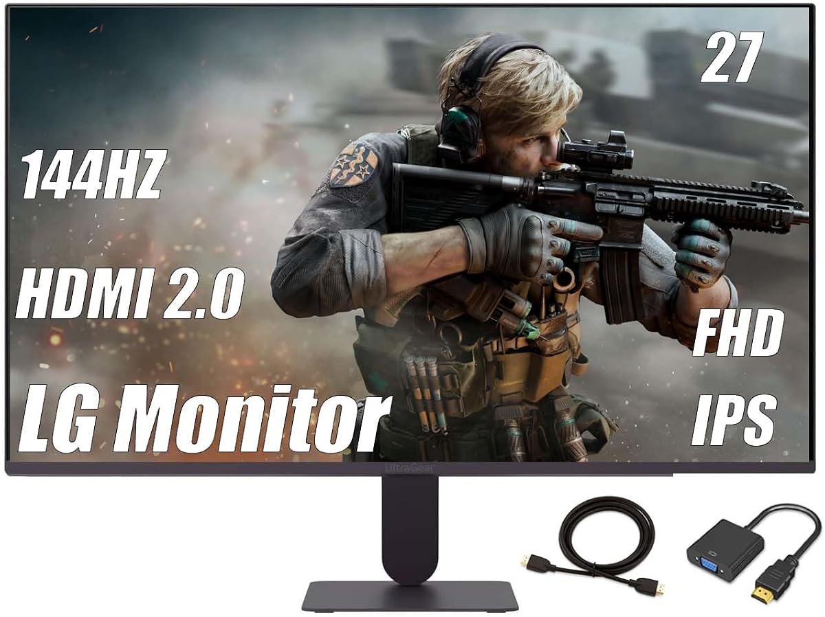 Monitor de computadora LG Ultragear 27, FHD (1920 x 1080) IPS, overclock de 144 Hz, HDR10, G-Sync, MBR de 1 ms, modo lector, con soporte delgado, con cable HDMI y HDMI a VGA