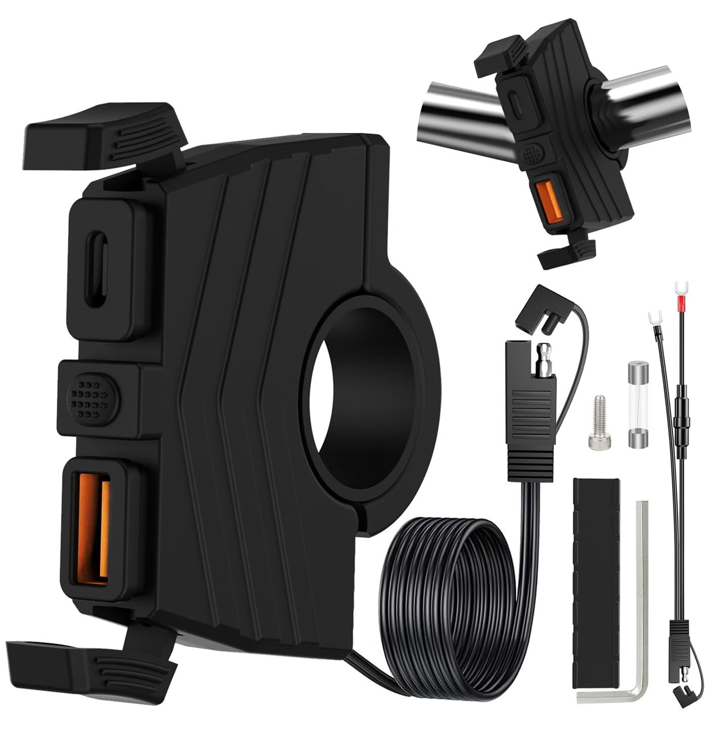 HAOQUOOU Motorcycle Phone Charger,Waterproof Dual USB Fast Charge Motorcycle Charger, 30W PD Type-C + 18W QC3.0 USB-A, with On/Off Switch, Compatible with Mobile Phones/Tablets/GPS and Other Devices