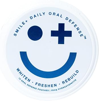 Smile+ Defense Pouches - Teeth Whitening, Nano Hydroxyapatite, Caffeine Free, Nicotine Free, Sugar Free - Enamel Repair & Remineralizing - Whiten, Freshen & Rebuild - Mint Ice, 15 Pouches 1 Tin