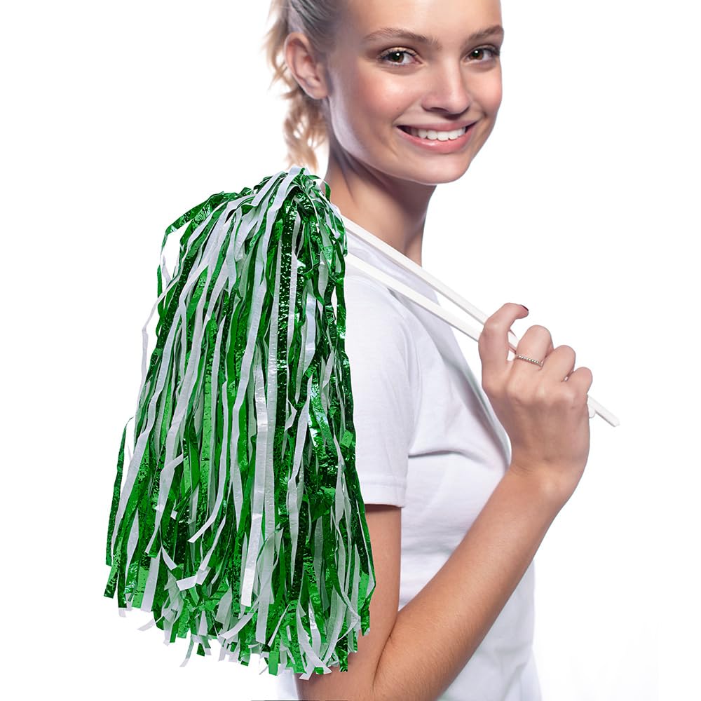 Anderson's Metallic Green and White Foil Textured School Spirit Shakers, Cheerleader Pom Poms, Football Basketball Homecoming Squad, Team, Party, Dance, Club, Performance, Fan Celebration Pack of 10
