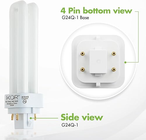 Miniatura 7 de KOR (Paquete de 4) Bombillas CFL de doble tubo de 13W – Base G24Q-1 (4 pines) – 3500K Blanco suave – Reemplazo compatible para Sylvania