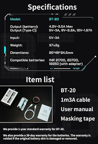 Miniatura 11 de Banco de energía portátil, batería recargable 21700 5000mAh, salida tipo C de 20 W, baterías desmontables, (plateado), BT20W