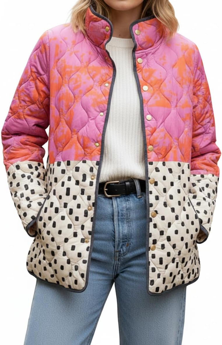 TIAFORD Women's Floral Printed Puffer Jacket Cardigan Cute Casual Loose Lightweight Padded Puffer Coat with Pockets