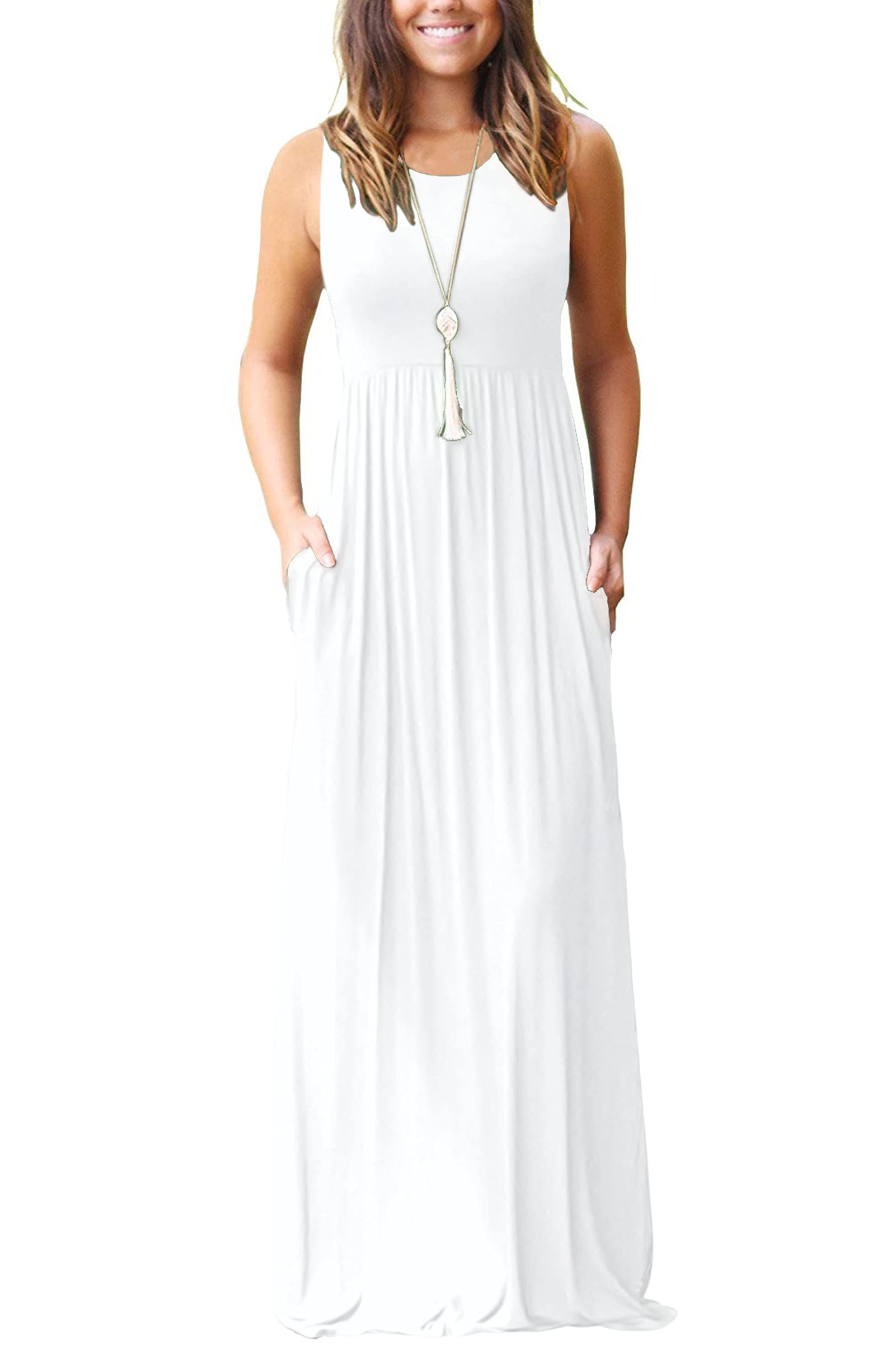 AUSELILY Women's Summer Sleeveless Loose Plain Casual Long Maxi Dresses | Year Round wear solid floral print, Casual daily wear, Empire waist, Floor length, Side pockets New