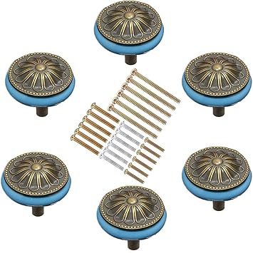 Corasays Antique Bronze Ceramic Drawer Cupboard Pulls Handles Wardrobe Drawer Cabinet Door Kitchen Knobs and Handles, Pack of 6 Blue