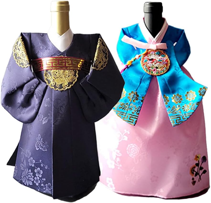 ECSD Korean Traditional Hanbok Wine Bottle Cover PRINCE & PRINCESS 2pcs Set Korean Wine Bottle Covers