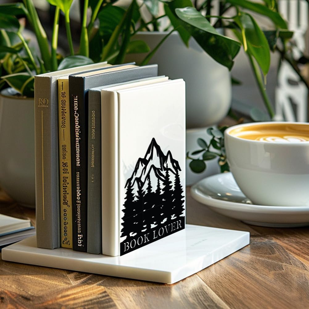 Peacoblue Buchstütze Dekorativ Modern Berge und Wälder Metall Buchstützen für Schwere Bücher 13.5 x 10.9 x 16.0cm, Bücherhalter für Heimdekoration, Bücherregal & Büro - 1 Paar