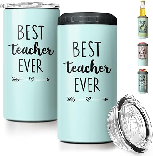SANDJEST Vaso con diseño 4 en 1, diseño de Best Teacher Ever, vaso enfriador de latas de acero inoxidable de 12 onzas, taza de viaje Coozie para