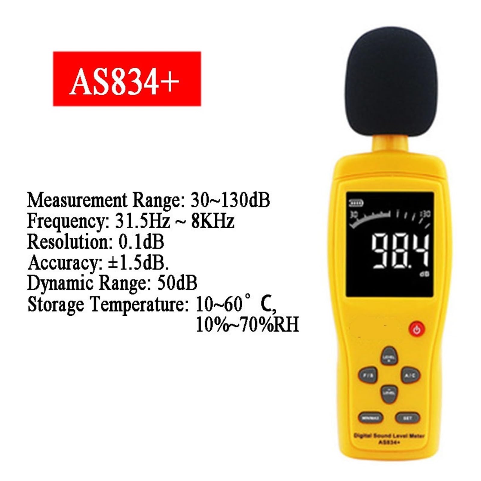 INTELIGENTNY CZUJNIK AS834+ AS844+ Cyfrowy miernik poziomu dźwięku LCD Noisemeter 30-130dB Poziom hałasu Decybel Monitorowanie Tester Instrument(AS844 Plus)
