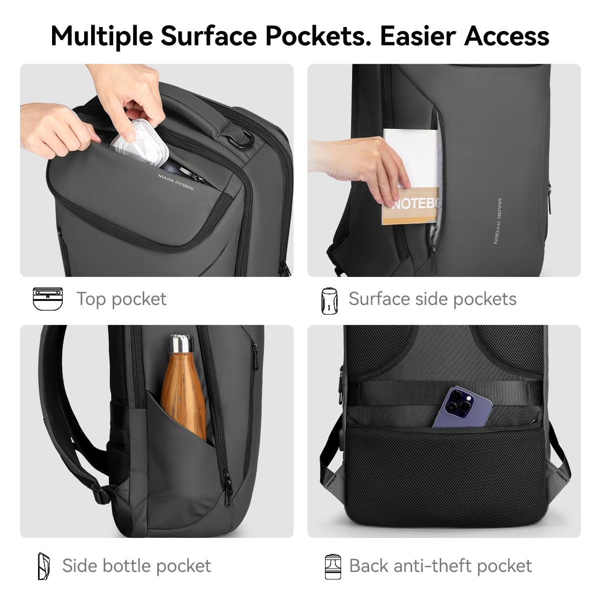 MARK RYDEN Zaino portatile di grande capacità con USB 17.3 pollici/15.6 pollici per gli uomini zaino multifunzione antifurto zaino giorno per business