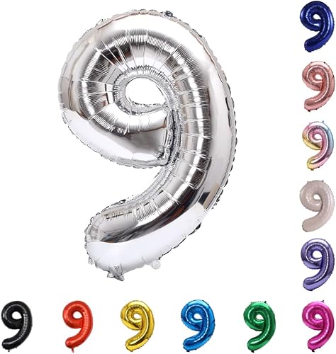 YPSelected Globo de aluminio grande de 32 pulgadas con número de helio, cumpleaños, boda, fiesta, 0-9 (plateado, 9)