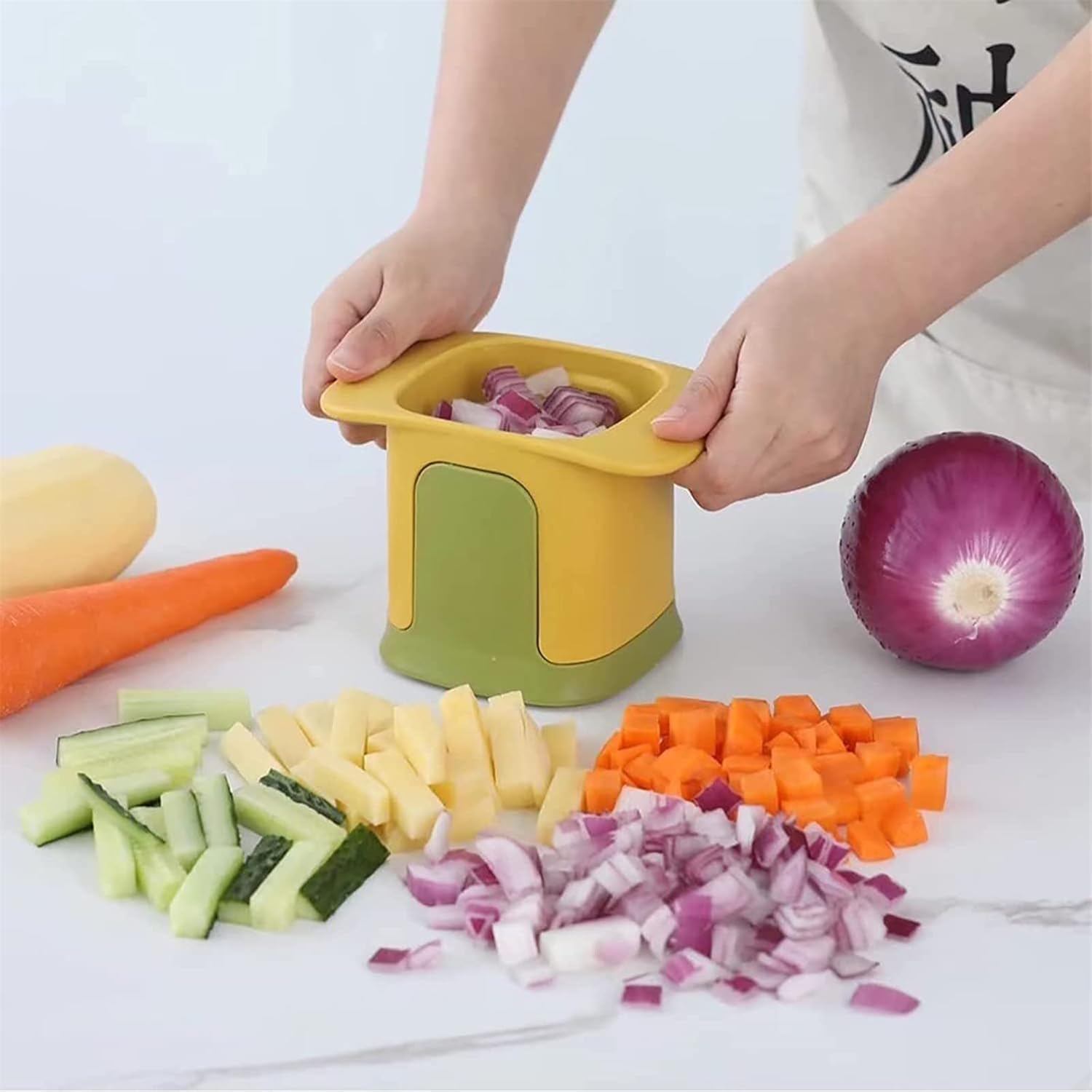 new 2-in-1 vegetable cutter hand pressure vegetable chopper dicing & slitting food chopper cutter multi-functional quickly dice for potato,onions,carrots,cucumbers