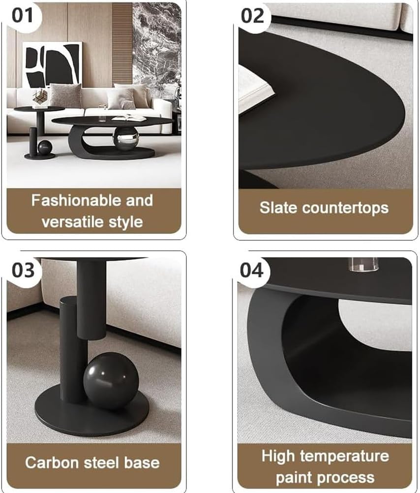 Oval Stone Coffee Tables for Living Room,Modern Oval Coffee Table Contemporary Stone,Center Table with Side Tables Set of 2,Abstract Tables for Living Room,Office,White,120 * 60cm