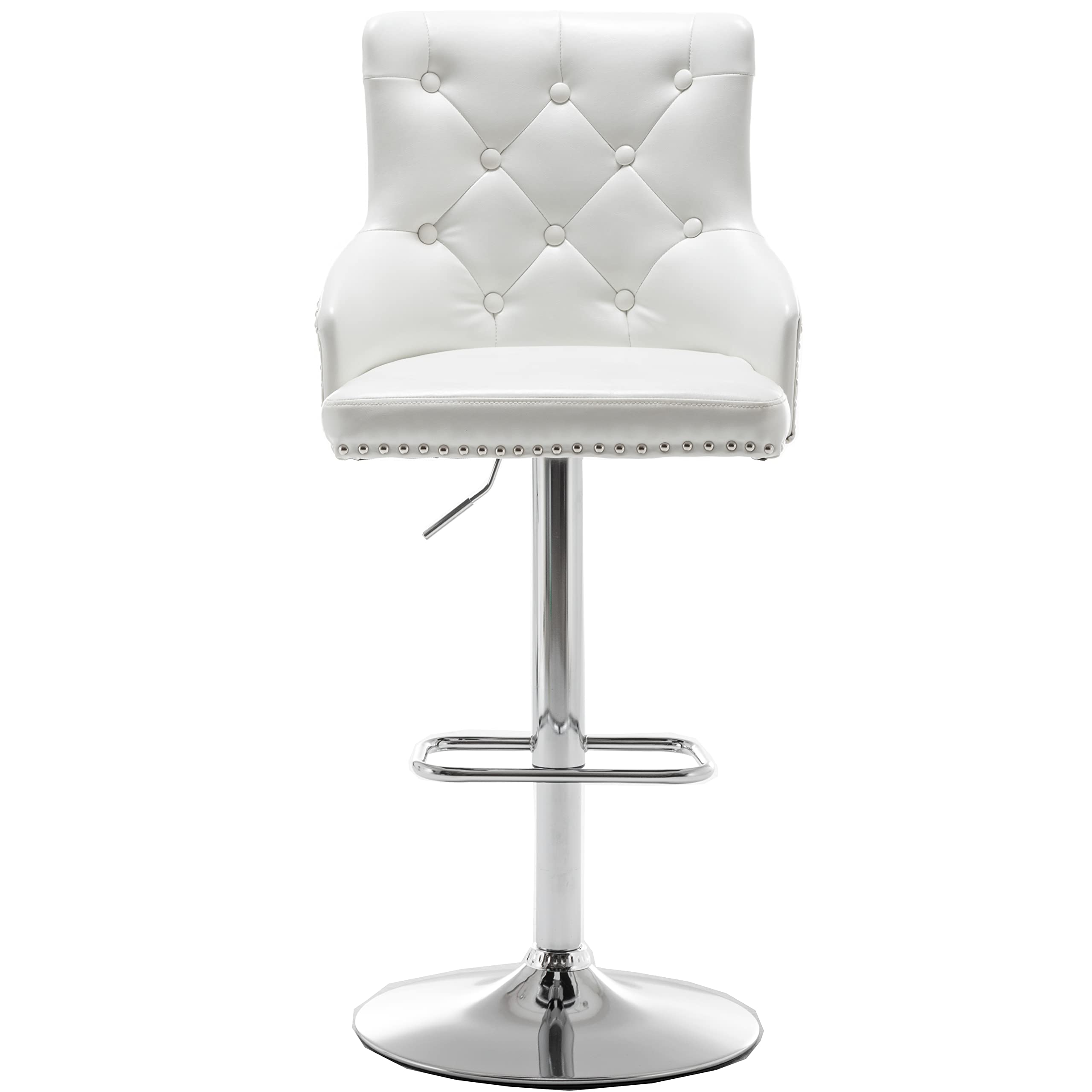 BTEXPERT Set of 1 upholstered Dining 25"-33" Swivel Bar Counter Height Barstools High Back Adjustable Modern Chairs, Tall PU Leather Kitchen Island Stool White Tufted Nailhead Trim