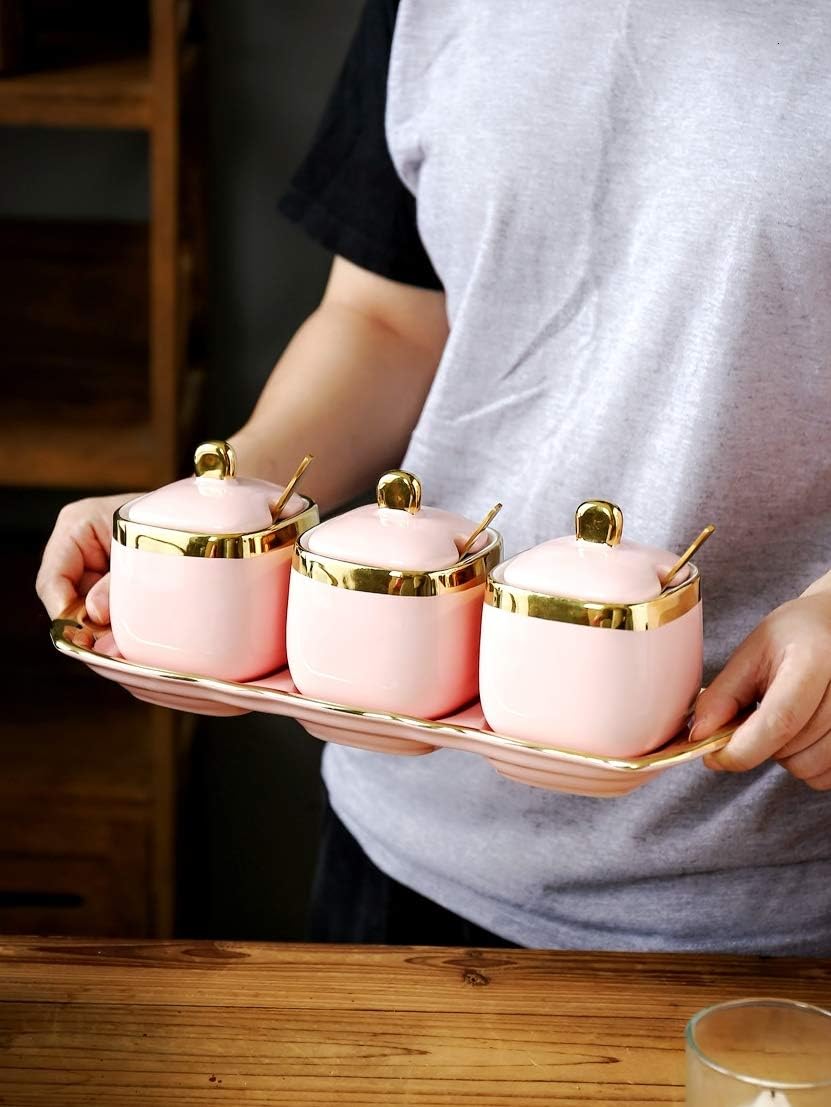 Seasoning jar set with lid Seasoning Jar Set Ceramic Sugar Cans Salt Shaker Seasoning Jar Seasoning Box Four Sets Used in sugar bowl to supply tea, coffee, spic,Green-