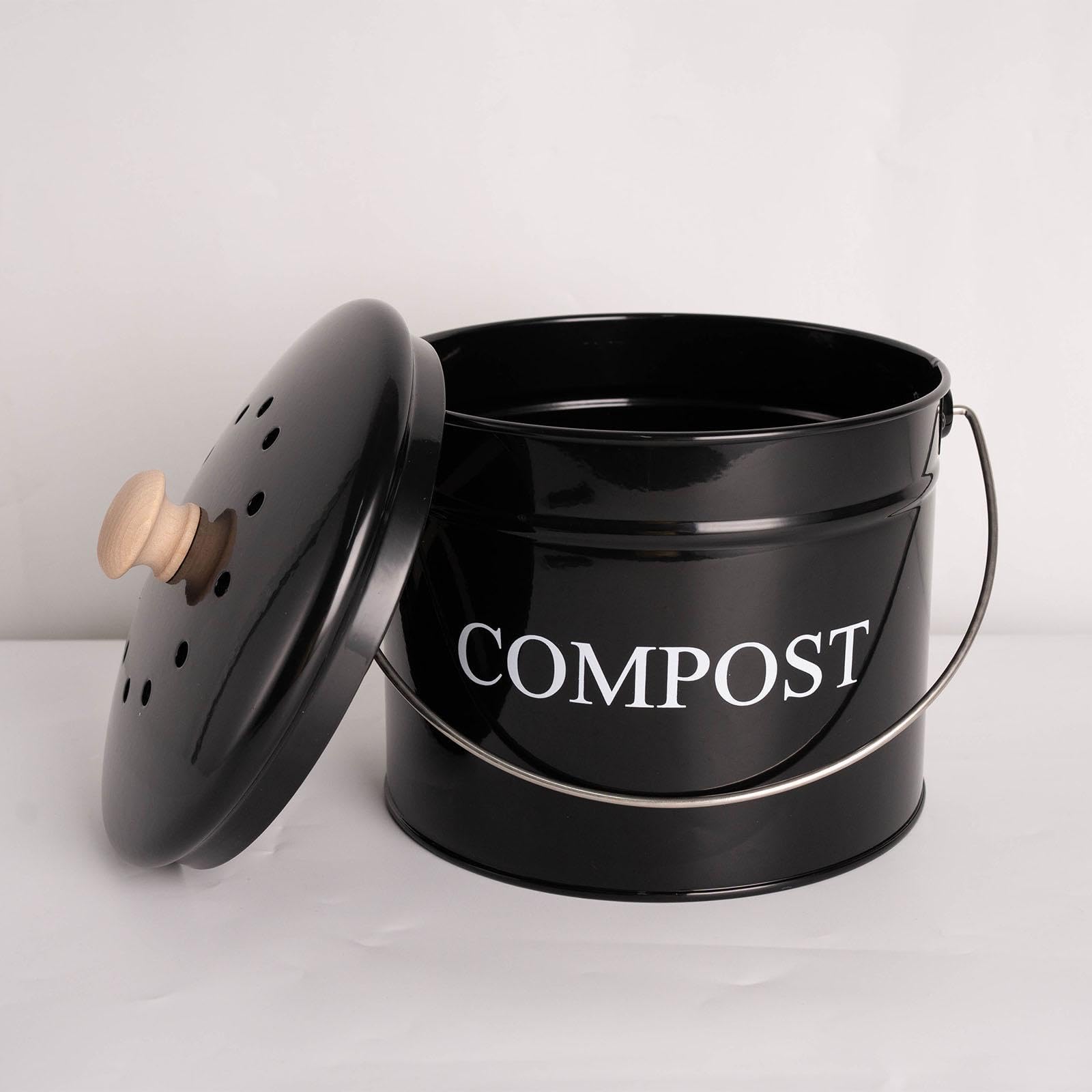 Composteur En Métal pour Cuisine, Poubelle écologique avec Poignée de Transport, Sans Odeur, Idéal pour La Maison, Noir