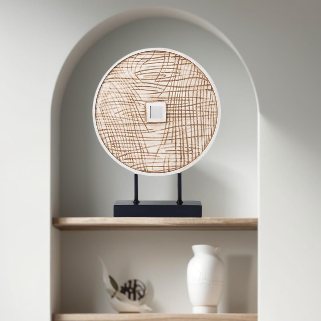 Unique Round Coin Sculpture Decorative Objects for Shelf Home Decor Accents, Modern Abstract Tabletop Decor Items for Living Room Fireplace Mantel, Above Cabinet (Vintage White)