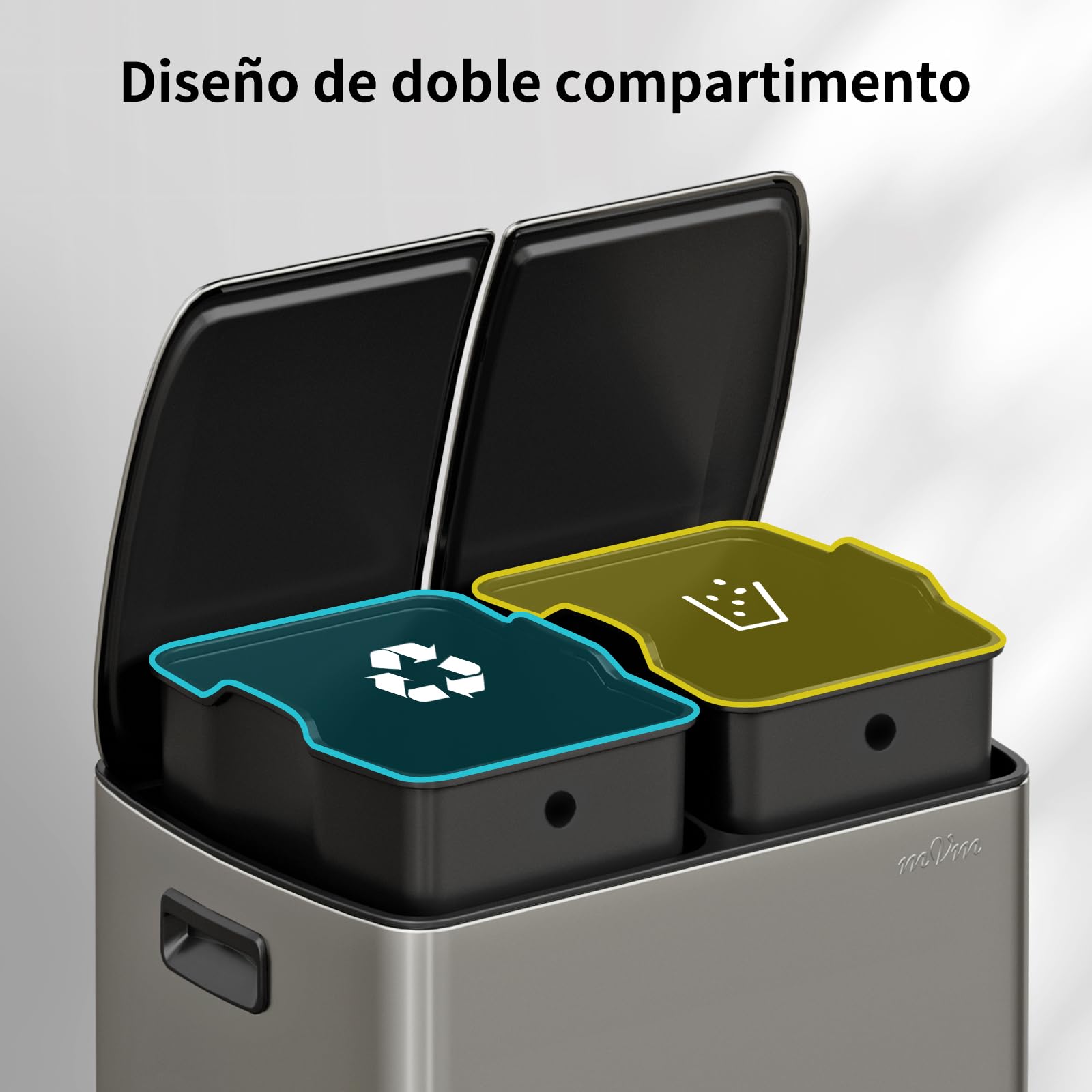 mVm Cubo de Basura Reciclable, Basurero de 60 L, 2 Compartimentos 2 x 30L con Pedal y Tapa de Cierre Suave, Papelera Moderna y Robusta, para Cocina, Salón, Gris