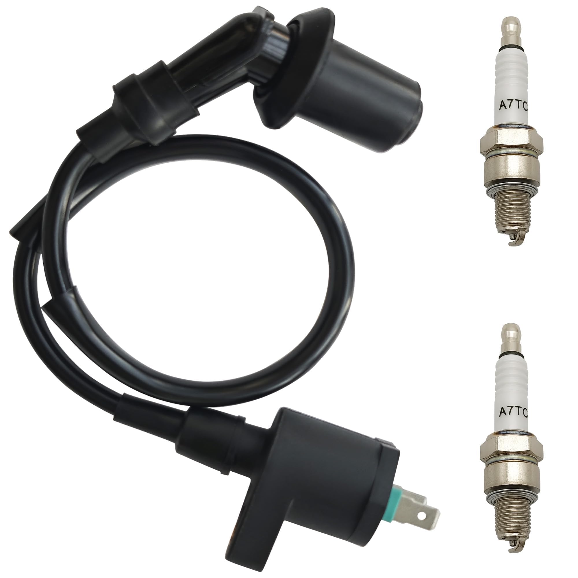 STRONGTHIUM Zündspule GY6 & 2 Stk. A7TC Zündkerze Set für 50cc 110cc 125cc 150cc QMJ/QMI152 157 4-Takt Motor, Zündkabel für SSR125 Roller Moped ATV Quad Go-Kart Dirt Bike Ersetzt C7HSA