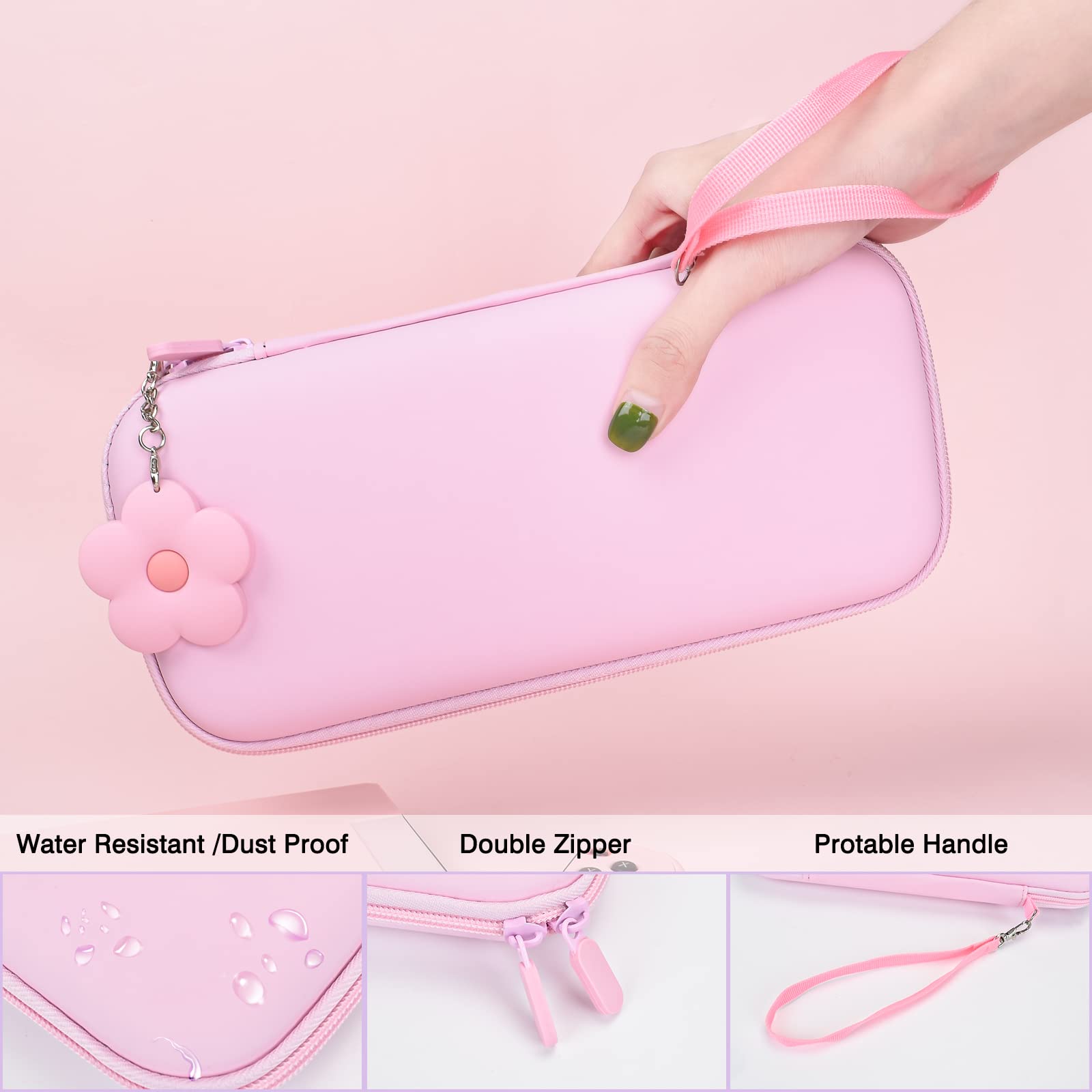 DLseego Custodia da Trasporto per Switch,Custodia da Viaggio con Guscio Protettivo Dockable,4 Coperture con Impugnatura per Il Pollice e 1 Grazioso Ciondolo a Forma di Fiore,Rosa