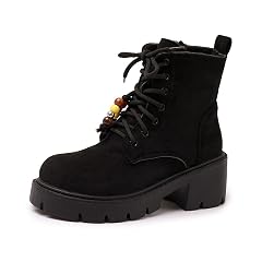 Womens Suede Chunky Heel Ankle Boots with Beaded Fashion Comfortable Round Toe Anti-slip Platform Lace Up Combat Bootie