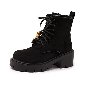 Womens Suede Chunky Heel Ankle Boots with Beaded Fashion Comfortable Round Toe Anti-slip Platform Lace Up Combat Bootie