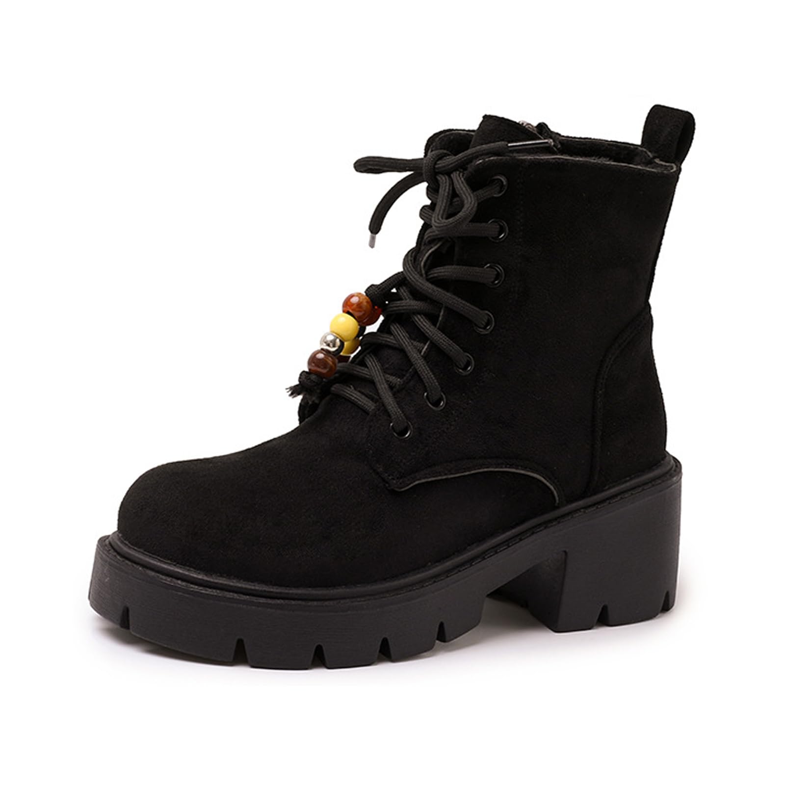 Womens Suede Chunky Heel Ankle Boots with Beaded Fashion Comfortable Round Toe Anti-slip Platform Lace Up Combat Bootie