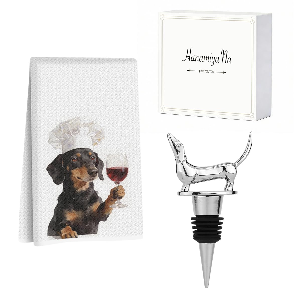 Hanamiya Na Funny Dachshund Kitchen Towels with Wine Bottle Stopper 24x14 Inch, Dachshund Gifts Reusable Dish Towels for Kitchen Bars Decor, Wine Gift Weiner Dog Gifts for Women Men 1
